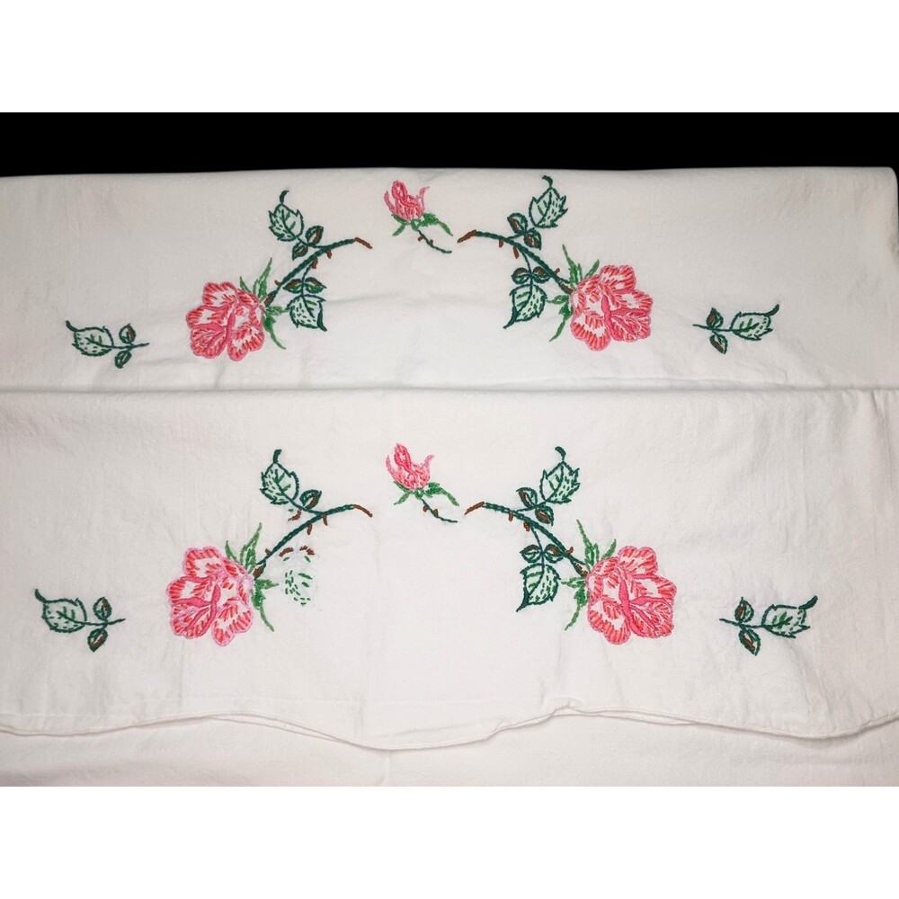 Vtg Pair Hand Embroidered Pink ROSES Floral Pillowcases Embroidery NOT FINISHED